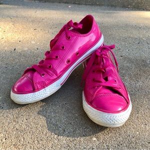 Size 1 hot pink leather Converse sneakers